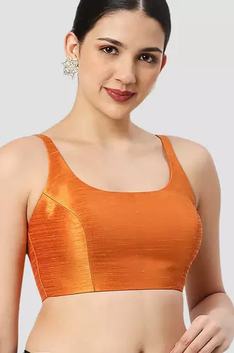 Orange plain silk spaghetti padded readymade saree blouse