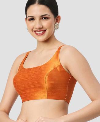 Orange plain silk spaghetti padded readymade saree blouse 4