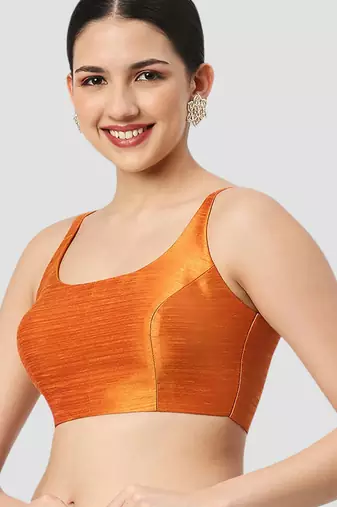 Orange plain silk spaghetti padded readymade saree blouse