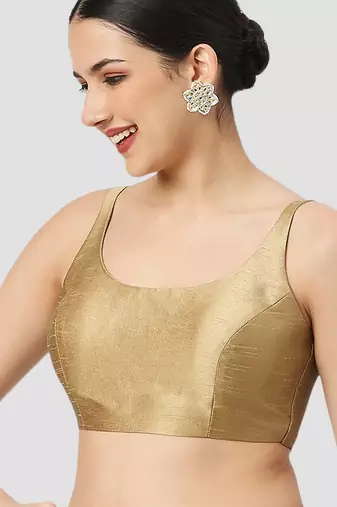 Gold plain silk spaghetti padded readymade saree blouse