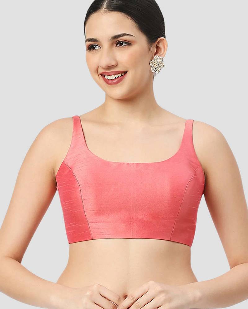 Peach plain silk spaghetti padded readymade saree blouse