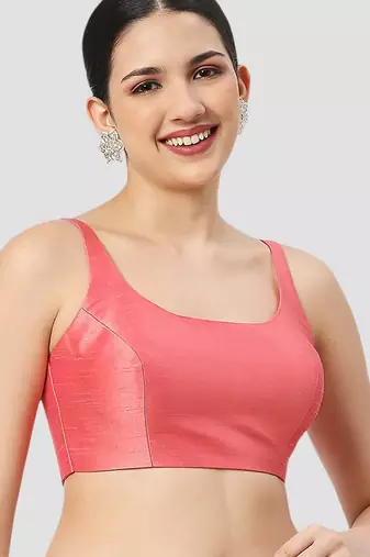 Peach plain silk spaghetti padded readymade saree blouse