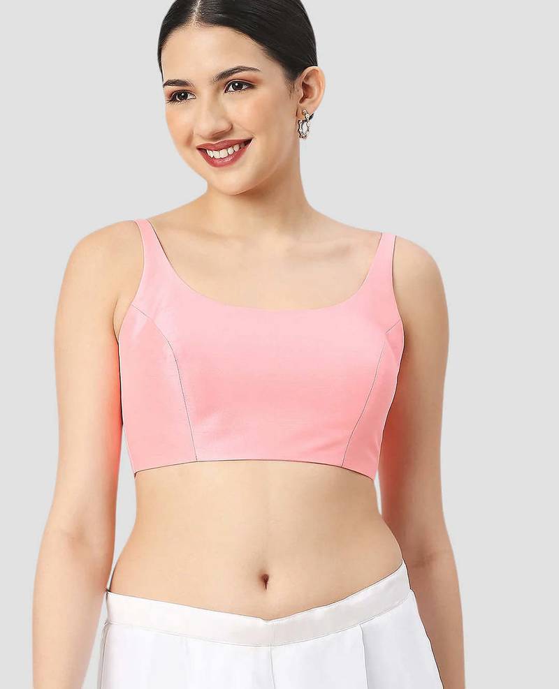 Baby pink plain silk spaghetti padded readymade saree blouse