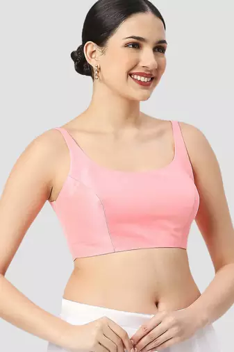 Baby pink plain silk spaghetti padded readymade saree blouse
