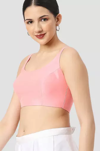 Baby pink plain silk spaghetti padded readymade saree blouse