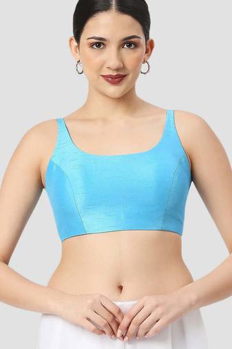 Sky blue plain silk spaghetti padded readymade saree blouse