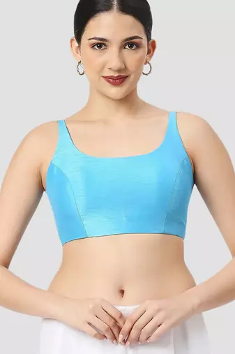 Sky blue plain silk spaghetti padded readymade saree blouse