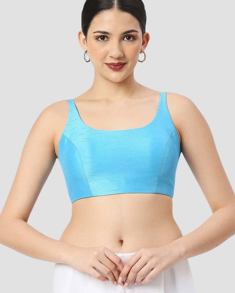 Sky blue plain silk spaghetti padded readymade saree blouse