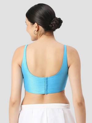 Sky blue plain silk spaghetti padded readymade saree blouse 2