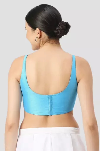 Sky blue plain silk spaghetti padded readymade saree blouse