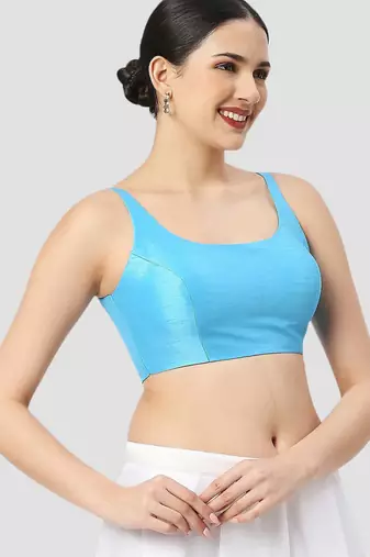 Sky blue plain silk spaghetti padded readymade saree blouse