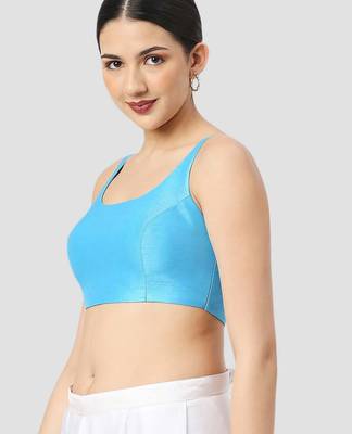 Sky blue plain silk spaghetti padded readymade saree blouse 4