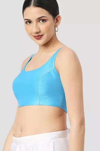 Sky blue plain silk spaghetti padded readymade saree blouse