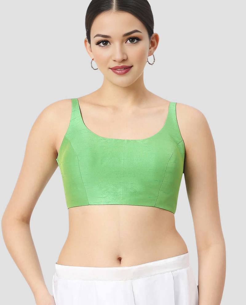 Light green plain silk spaghetti padded readymade saree blouse