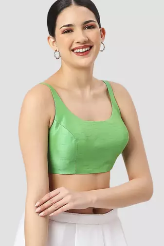 Light green plain silk spaghetti padded readymade saree blouse