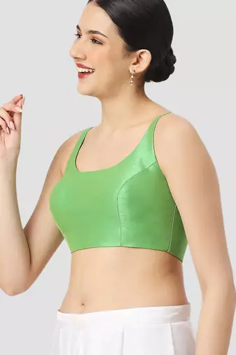 Light green plain silk spaghetti padded readymade saree blouse
