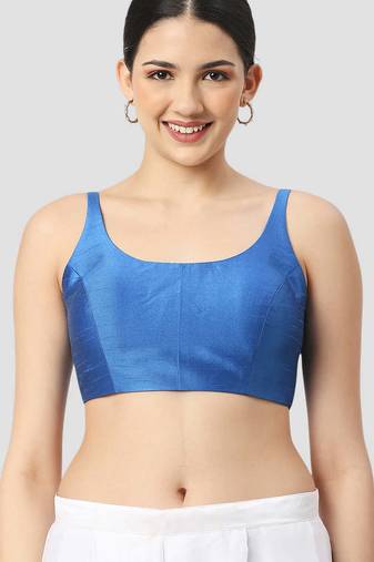 Royal blue plain silk spaghetti padded readymade saree blouse