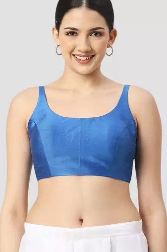 Royal blue plain silk spaghetti padded readymade saree blouse