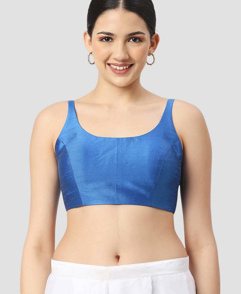 Royal blue plain silk spaghetti padded readymade saree blouse