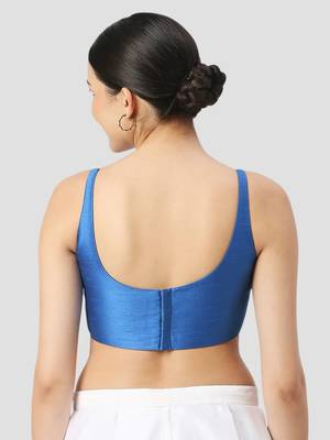 Royal blue plain silk spaghetti padded readymade saree blouse 2