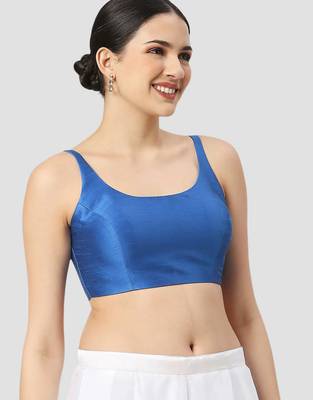 Royal blue plain silk spaghetti padded readymade saree blouse 3