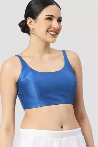 Royal blue plain silk spaghetti padded readymade saree blouse