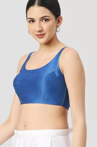 Royal blue plain silk spaghetti padded readymade saree blouse