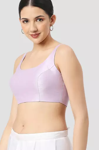 Light violet plain silk spaghetti padded readymade saree blouse