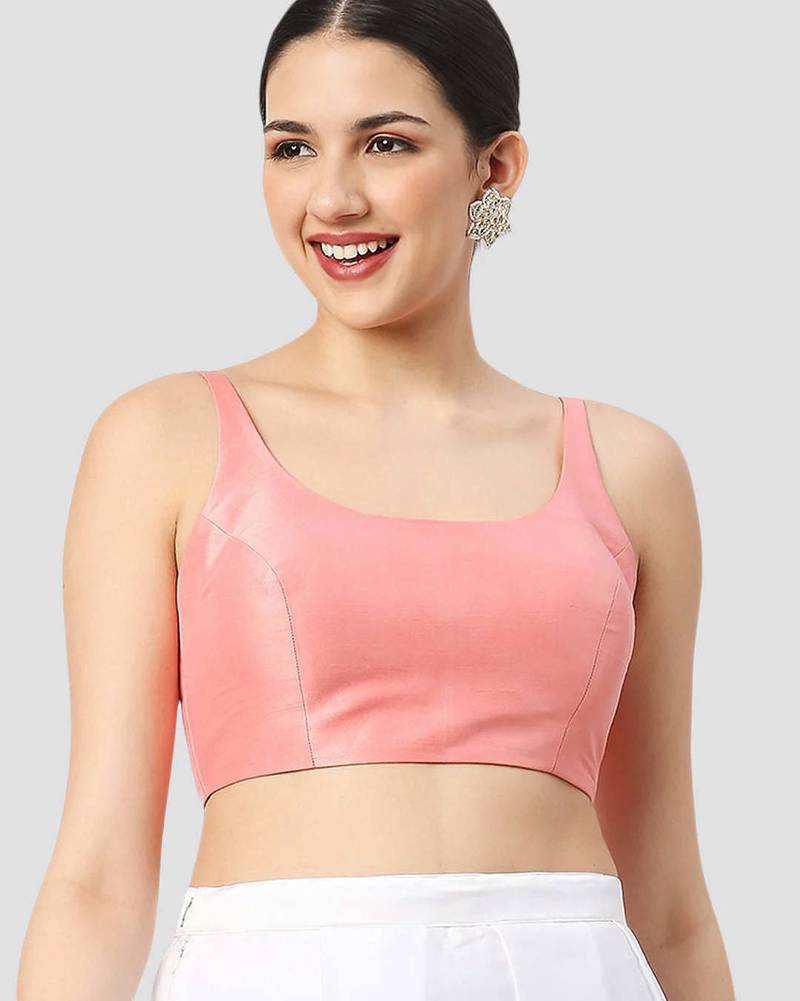 Light peach plain silk spaghetti padded readymade saree blouse