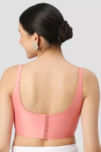 Light peach plain silk spaghetti padded readymade saree blouse