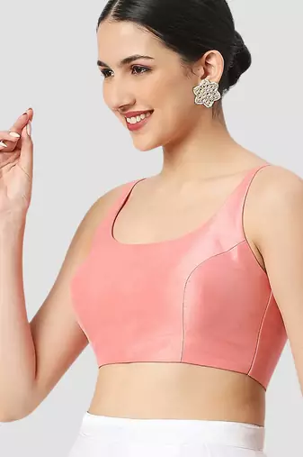 Light peach plain silk spaghetti padded readymade saree blouse
