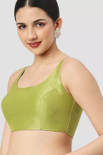 Sea green plain silk spaghetti padded readymade saree blouse