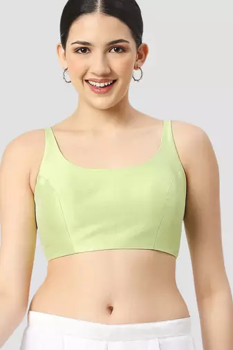 Pista green plain silk spaghetti padded readymade saree blouse