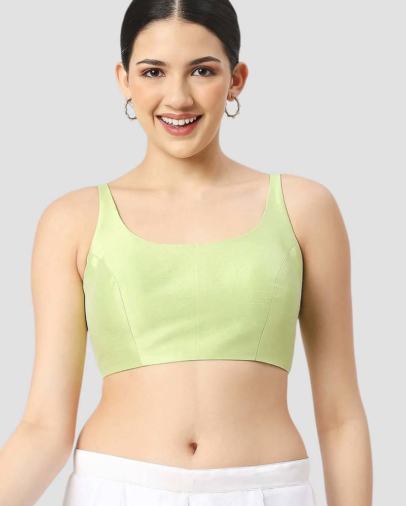 Pista green plain silk spaghetti padded readymade saree blouse