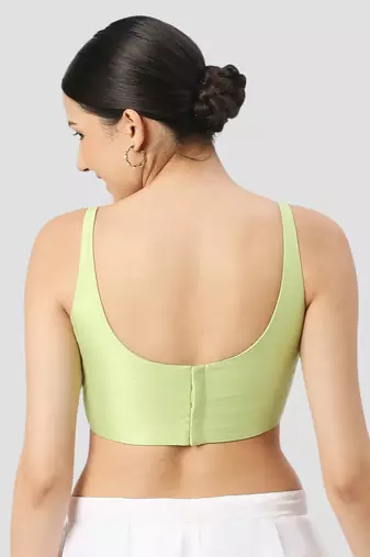 Pista green plain silk spaghetti padded readymade saree blouse