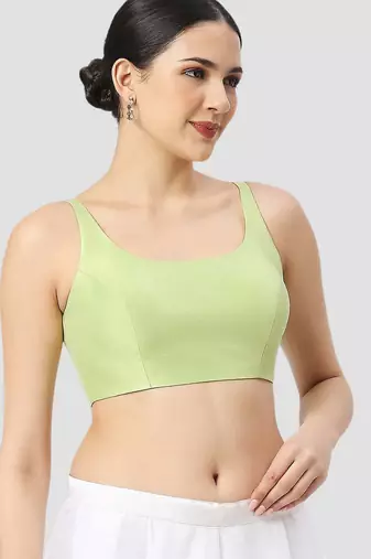 Pista green plain silk spaghetti padded readymade saree blouse