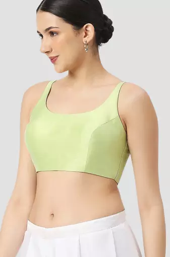 Pista green plain silk spaghetti padded readymade saree blouse