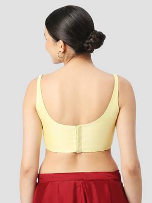 Lemon yellow plain silk spaghetti padded readymade saree blouse 2