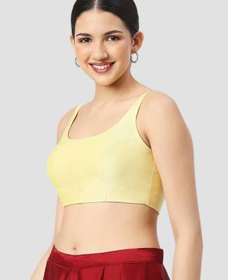 Lemon yellow plain silk spaghetti padded readymade saree blouse 4
