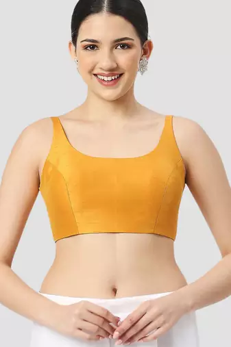 Yellow plain silk spaghetti padded readymade saree blouse