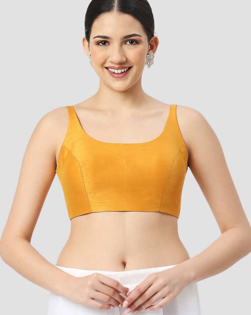 Yellow plain silk spaghetti padded readymade saree blouse