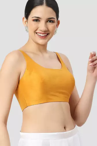 Yellow plain silk spaghetti padded readymade saree blouse