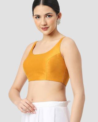Yellow plain silk spaghetti padded readymade saree blouse 4