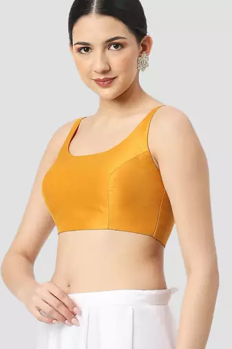 Yellow plain silk spaghetti padded readymade saree blouse