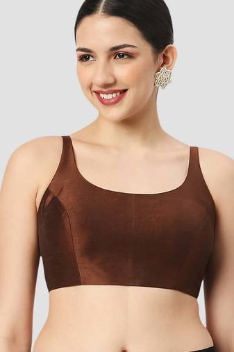Brown solid raw silk spaghetti saree blouse