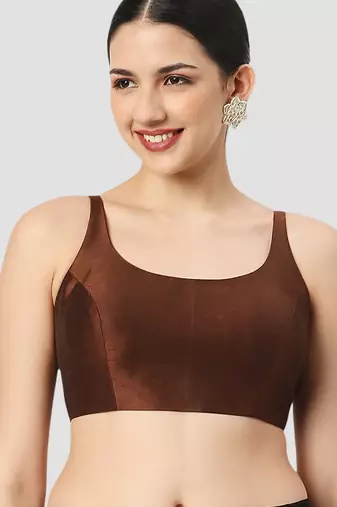 Brown solid raw silk spaghetti saree blouse