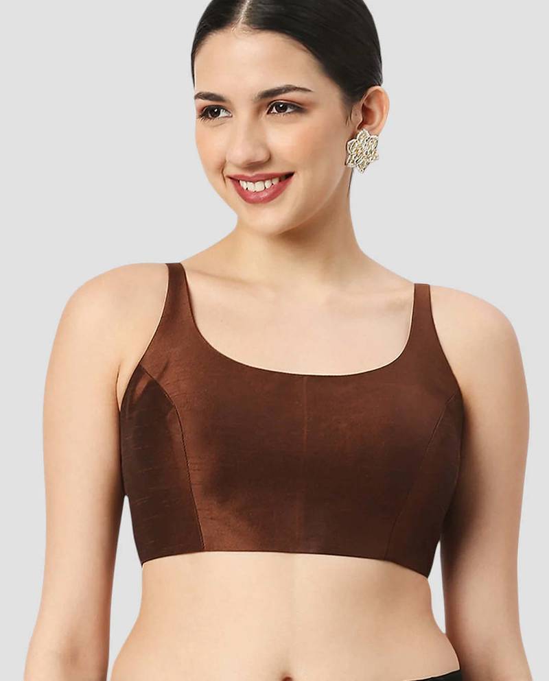 Brown solid raw silk spaghetti saree blouse