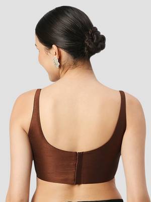 Brown solid raw silk spaghetti saree blouse 2