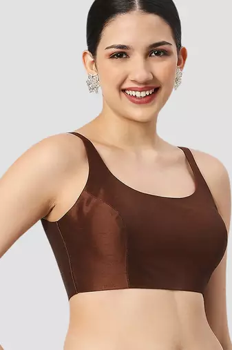 Brown solid raw silk spaghetti saree blouse