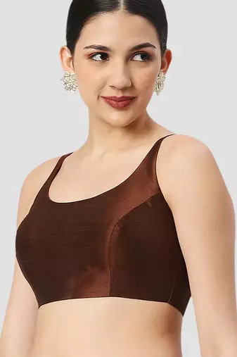 Brown solid raw silk spaghetti saree blouse